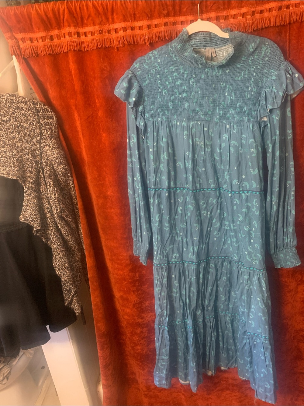 Anthropologie Smocked High-Neck Blue Floral Long Sleeve Dress